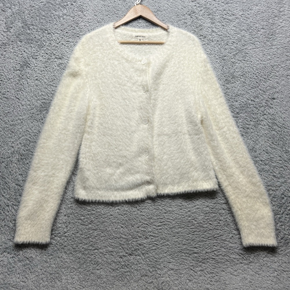 Cloth & Stone Button Up Sweater Womens Medium Cream Fuzzy Soft Cropped Crew Neck